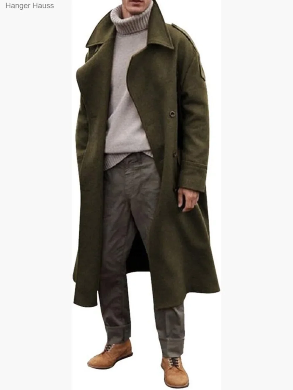 Men's Oversized Notched Faux Wool Blend Knee Length Trench Coat Winter Jacket